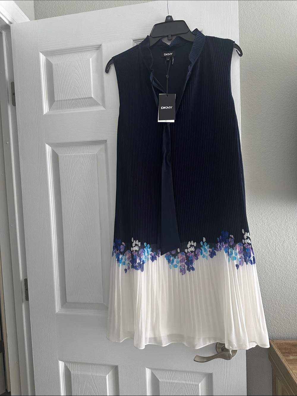 DKNY Navy and White Sleeveless Pleated Dress with Floral Hem